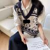 Korean Fashion Sweater Vest Women V Neck Sleeveless Autumn Harajuku Doodle Bear Loose Knitted Pullover