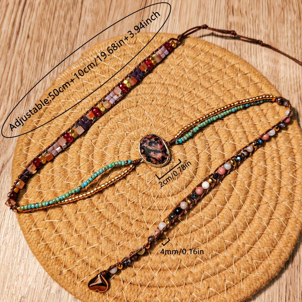 Bohemian style natural imperial stone three-layer hand-woven bracelet, vintage design, suitable for everyday wear, vacations, travel, or as a gift.