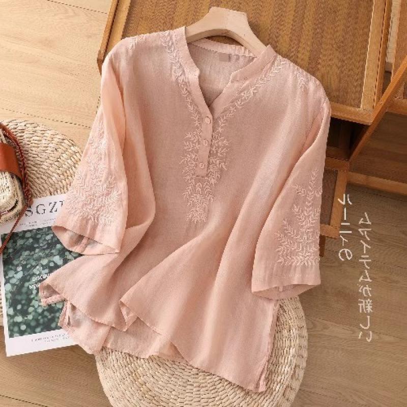 Women S Loose Cotton Embroidered Five Quarter Sleeve Summer Shirt For Middle Aged Moms