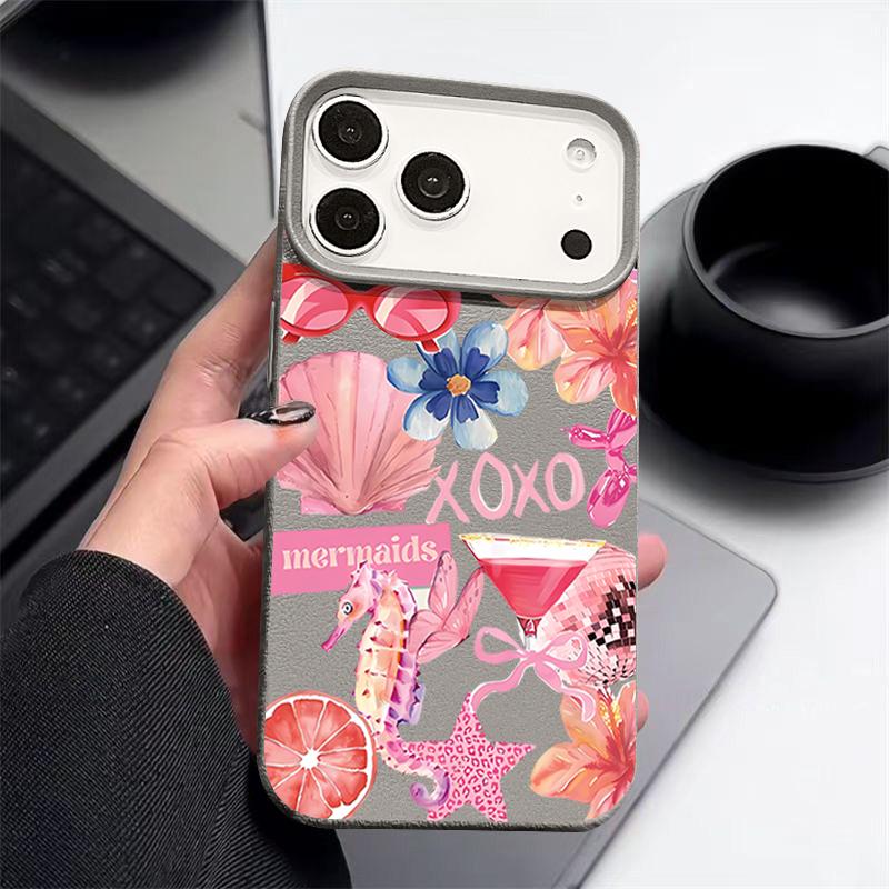For iPhone 17 Pro Max Case Luxury Pink Cartoon Floral Pattern Leather Texture Silicone Cover For iPhone 16 Pro Max 15 14 13 12 11 16E Air