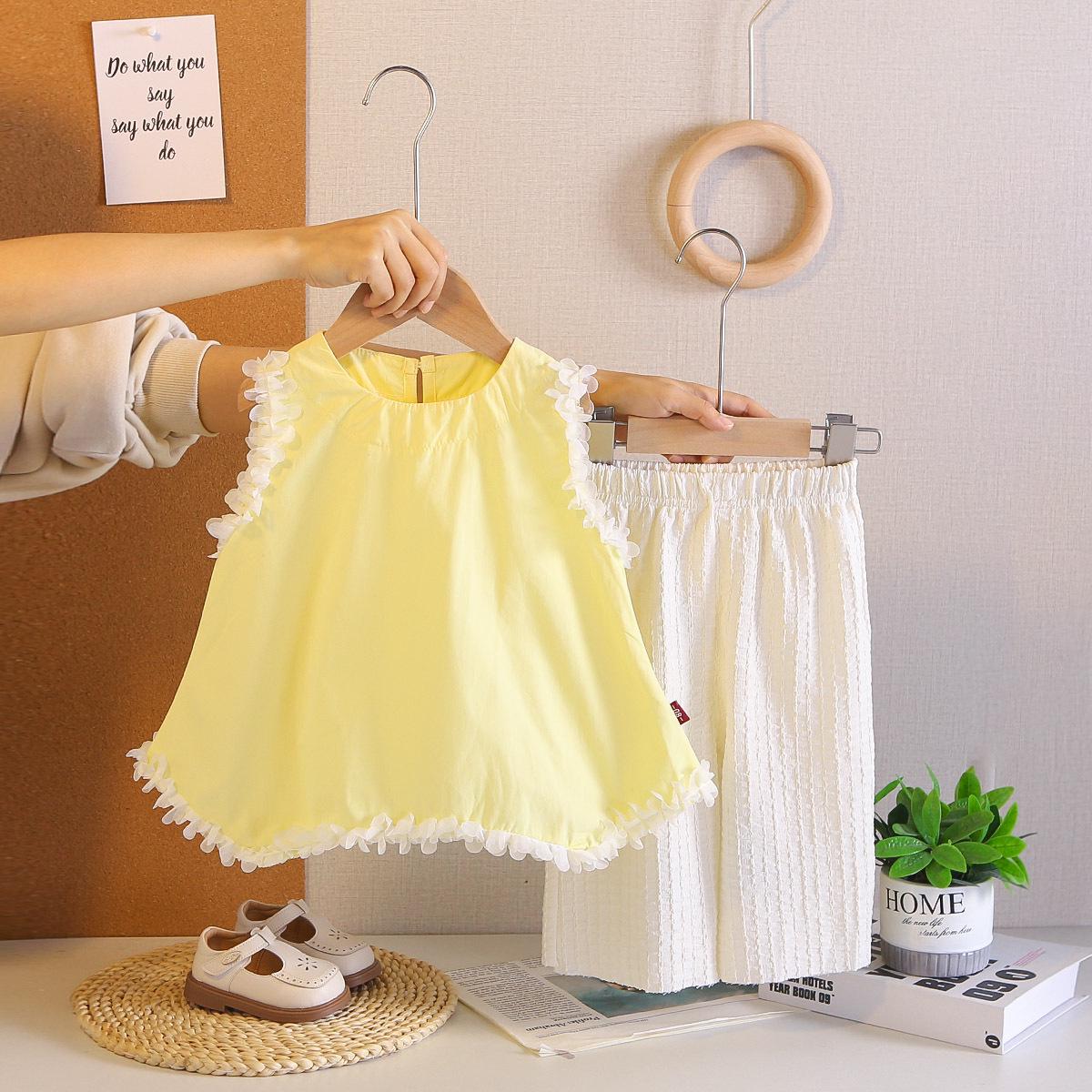 2026 New Style Girls  Summer Set: Lace Trim Top & Wide-Leg Pants XL - 110cm