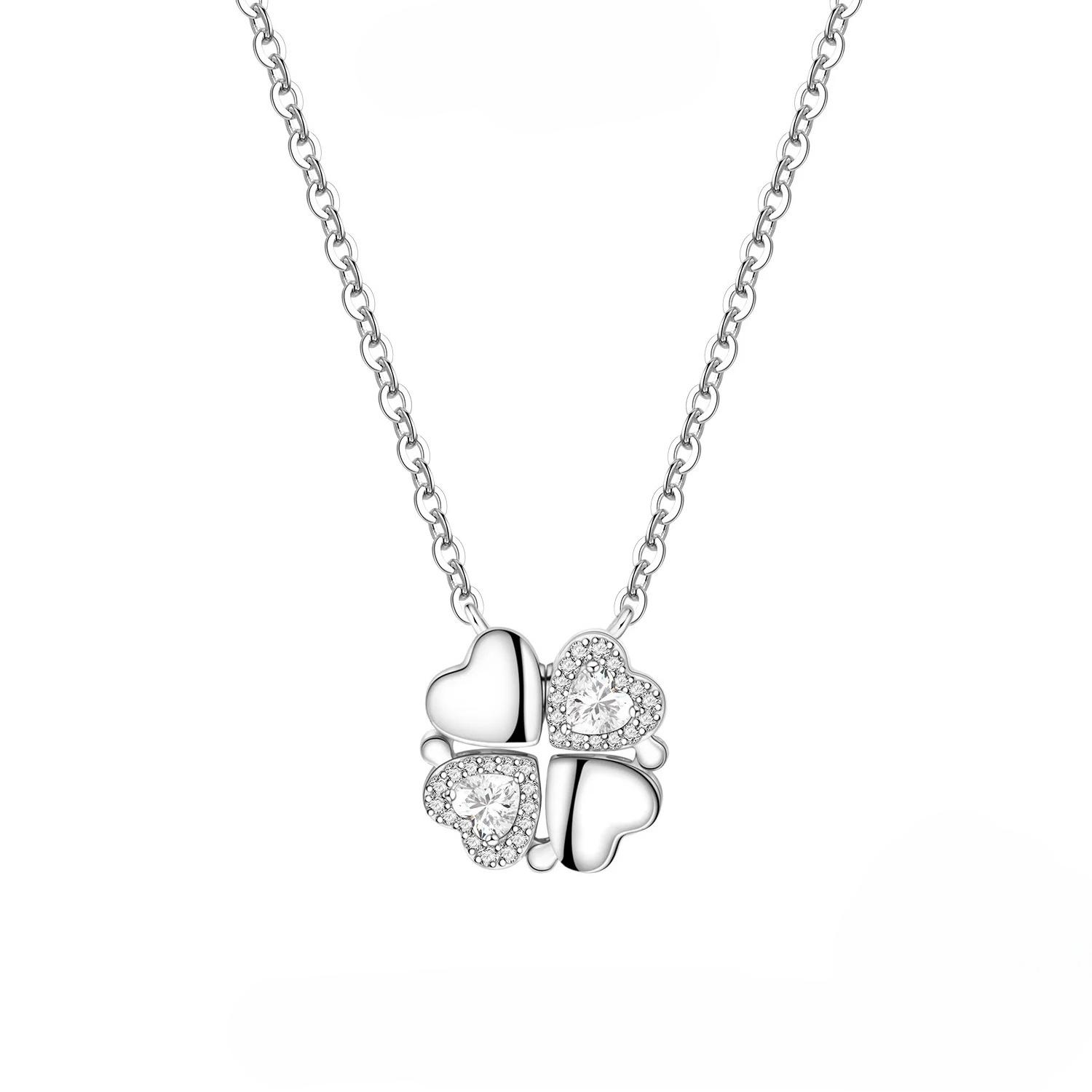 

Sterling Silver Two-Way Inlaid Stone Four-Leaf Clover Heart Necklace for Women Elegant Party Jewelry Female Pendant Gifts