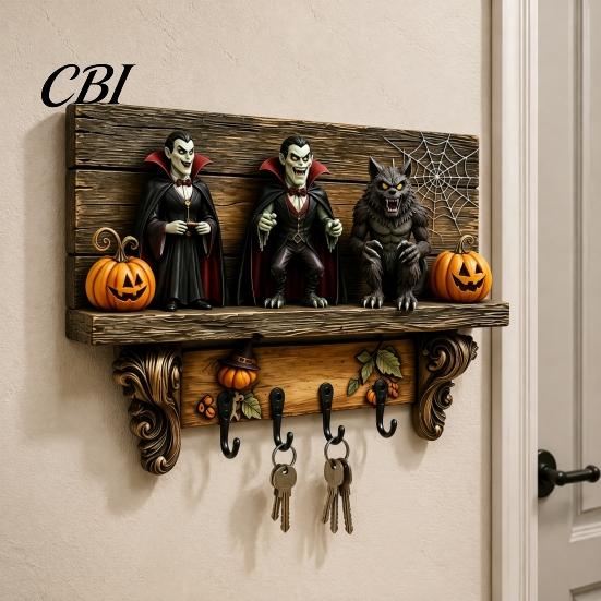 Ghost Shaped Wall Hooks Halloween Key Holder, Wooden Lady Holder with 4 Hooks, Hanging Ornament Mounted Spooky Rack Organizer for Entryway Hallway