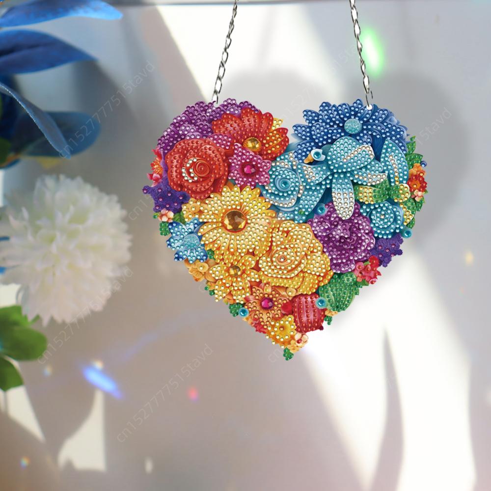 Crystal Hanging Home Wall Decor Heart Flower Acrylic Diamond Painting Hanging Pendant Round Single-Sided for Home Wall Decor