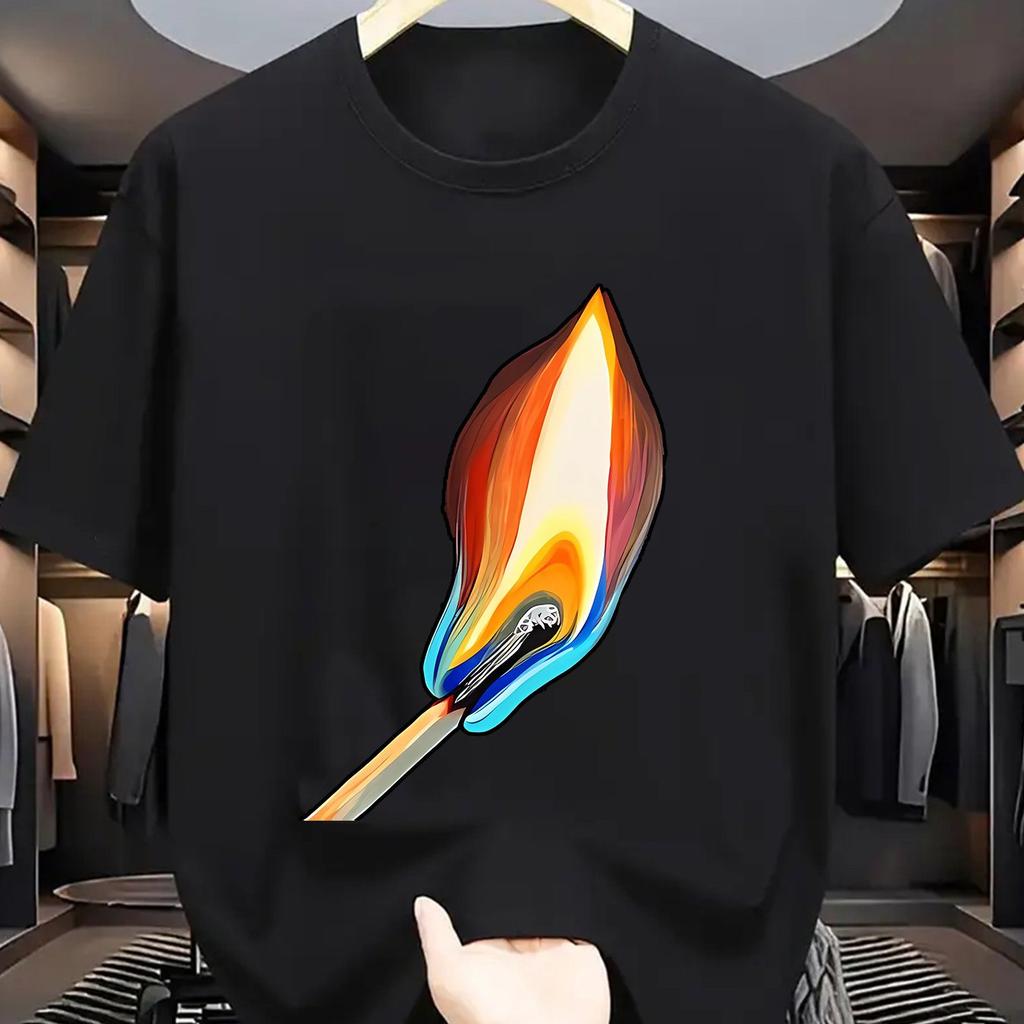 Brennendes Streichholz Grafikdruck Herren Baumwoll T-Shirt Lässig Kurzarm Rundhalsausschnitt Sommer T-Shirt