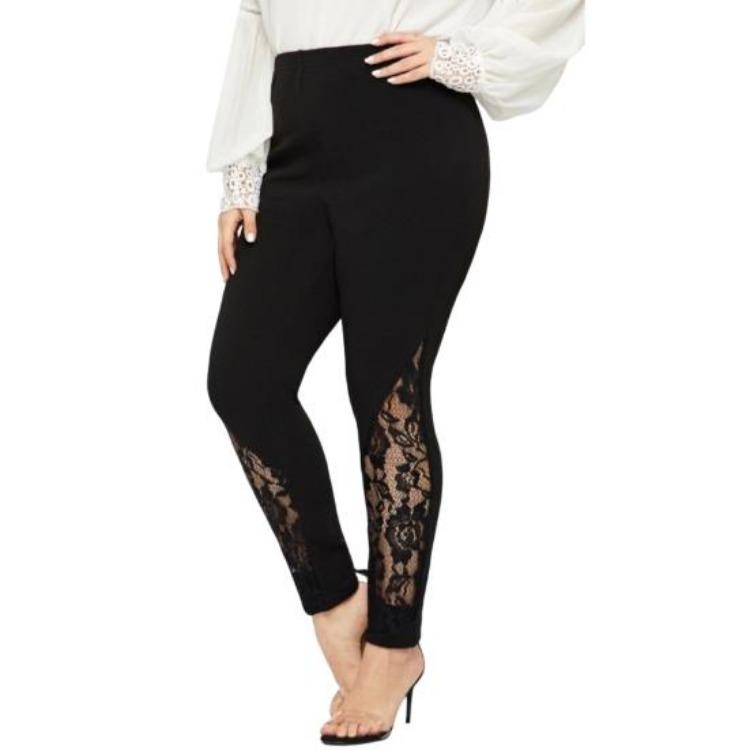 Slim Fit Elastic Pencil Pants Women High Leggings Solid Color Hollow Lace Floral Tight Fit 2XL чёрный