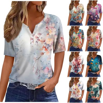 Damen T-Shirt mit Aufdruck und Knopfleiste, kurzärmelig, für den Alltag, Wochenende, modisch, Basic, V-Ausschnitt, normales Oberteil