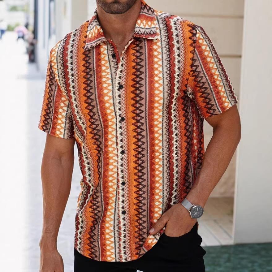 Mens Ethnic Striped Printed Short Sleeve Casual Shirt S