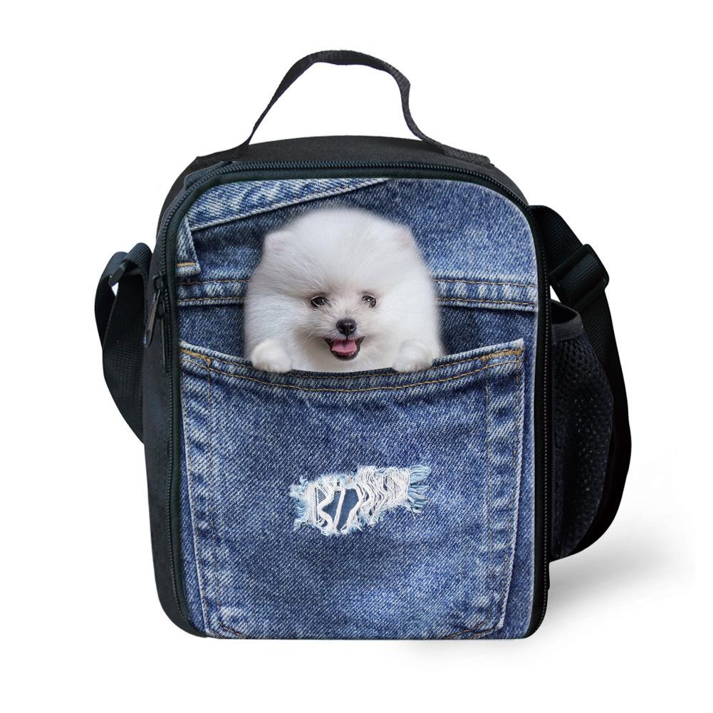 Classic Crossbody Denim pocket Cute Cat Dog Lunchbox Thermal insulation Food Lunch Bag 3D Printed Insulated Handbags Ice Bags
