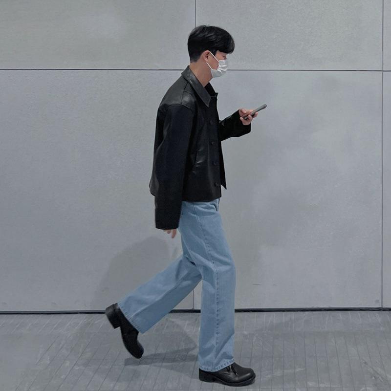 Jachetă scurtă de motocicletă din piele pentru bărbați, toamnă, nouă, stil coreean, trendy, cu rever, largă, din piele