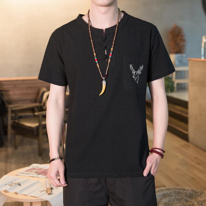 

Chinese-style Cotton and Linen Short-sleeved T-shirt for Men, Casual and Trendy. Linen Embroidered Pocket Deer Head Top, Thin 5XL чорний