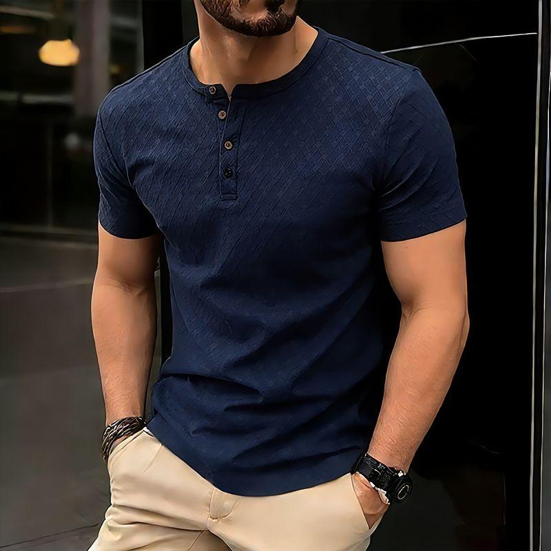 

Men s Summer Grid Waffle Solid Color Hip Hop T-Shirt Henry Collar Casual Button Short Sleeve Fashion Streetwear Basic Top Tees XXL темно-синього кольору