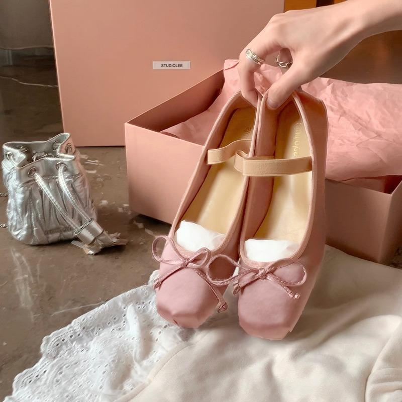 Sheepskin version of ballet Mary Jane shoes with bow square round head elastic word with shallow mouth single shoes