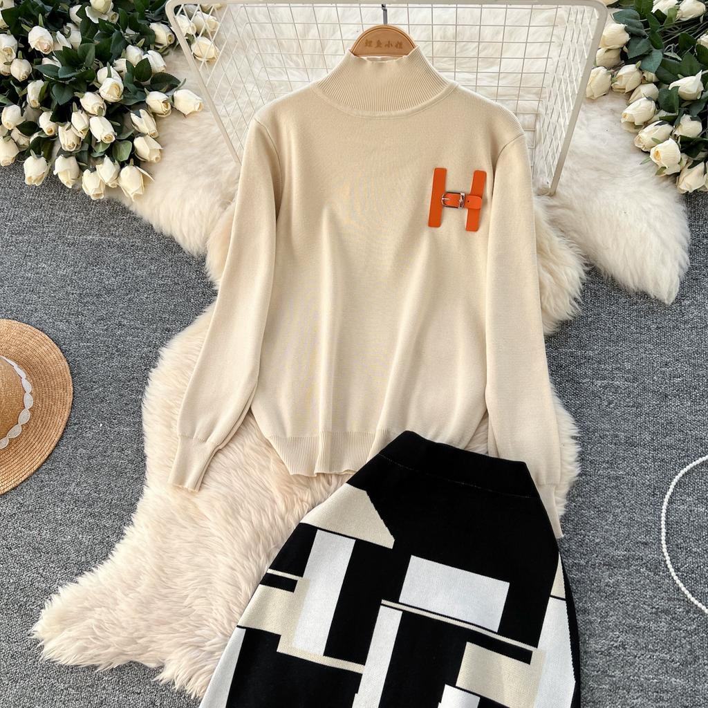 Høst Vinter Kvinner Elegant Strikket Genser Kontor Todelt Sett Ståkrage Pullover Topper og Lang Maxi Skjørt Dress