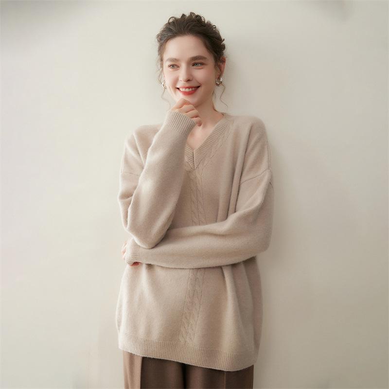 Women's V-Neck Cashmere Blend Pullover: Cozy Cable Knit Sweater for Autumn/Winter