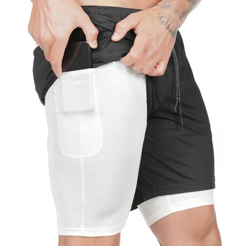 Men's Camo Running Double-deck Stretchy Quick Dry Gym Shorts With Secure Phone Bag