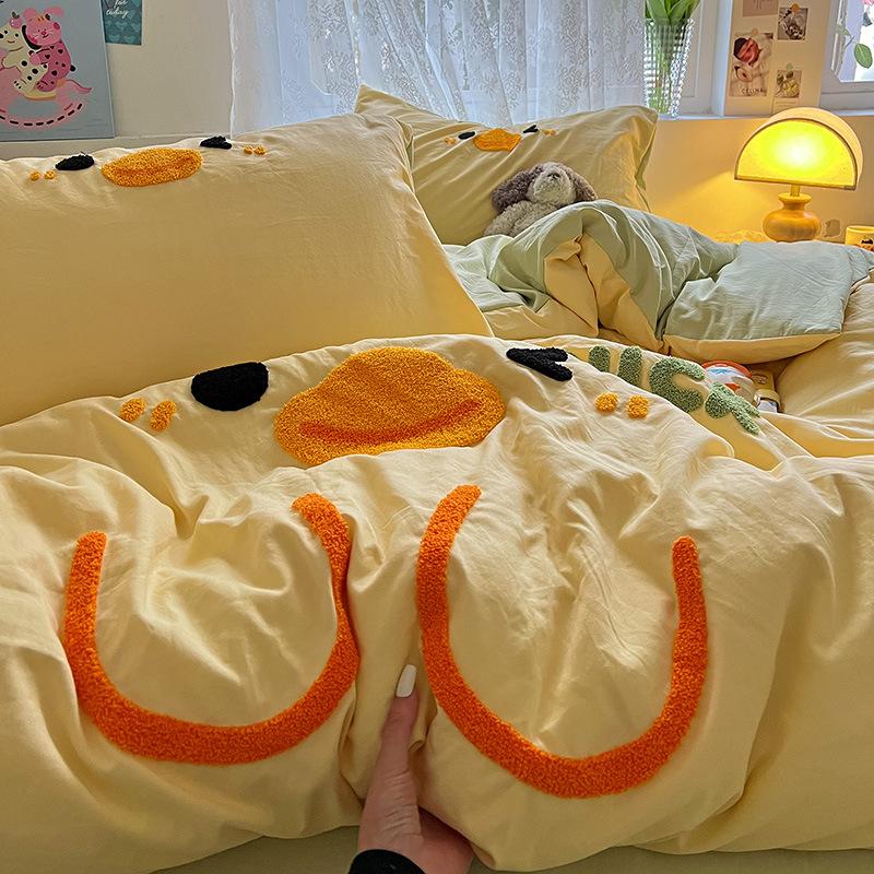 Håndkle Brodert Laken Dynetrekk Seng 4 stk Sett Vasket Bomull Student Tredelt Sett Sengetøy