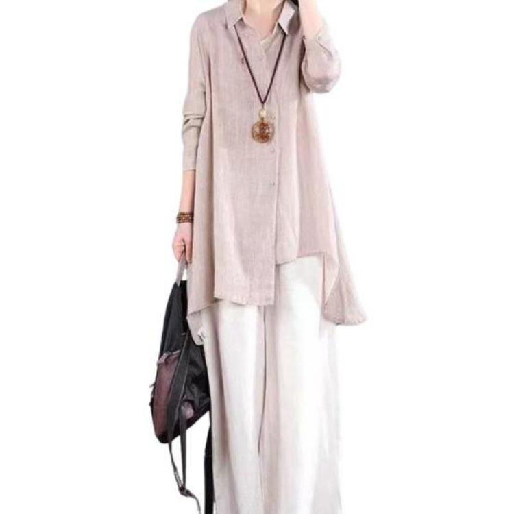 

Long Sleeve Shirt Lapel Women Irregular Hem Single Breasted Solid Color Tops Leisure Mid Length Shirt 3XL хакі