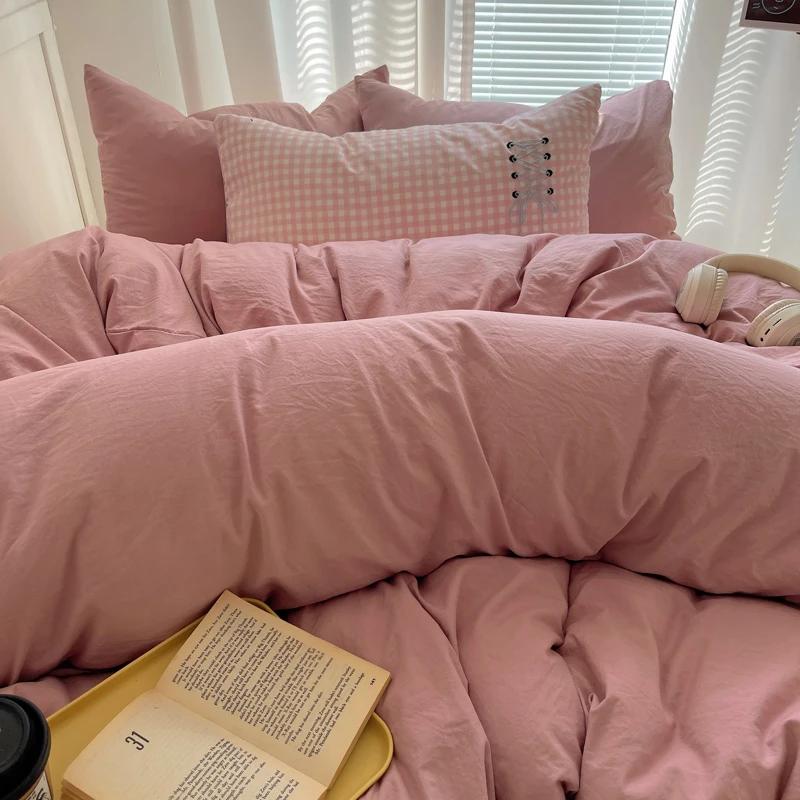 Solid INS Style Bedding Set For adults kids pink cotton fitted Flat Sheet With Pillowcases Colorful King Queen Full size
