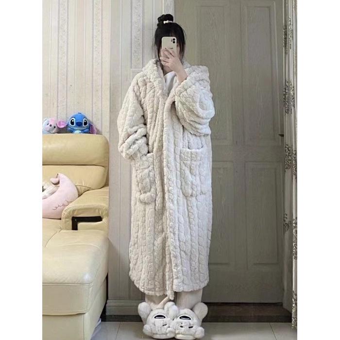 

Утолщенный коралловый флисовый халат с капюшоном для мужчин и женщин - уютная зимняя фланелевая пижама для пар 175 (XXL)