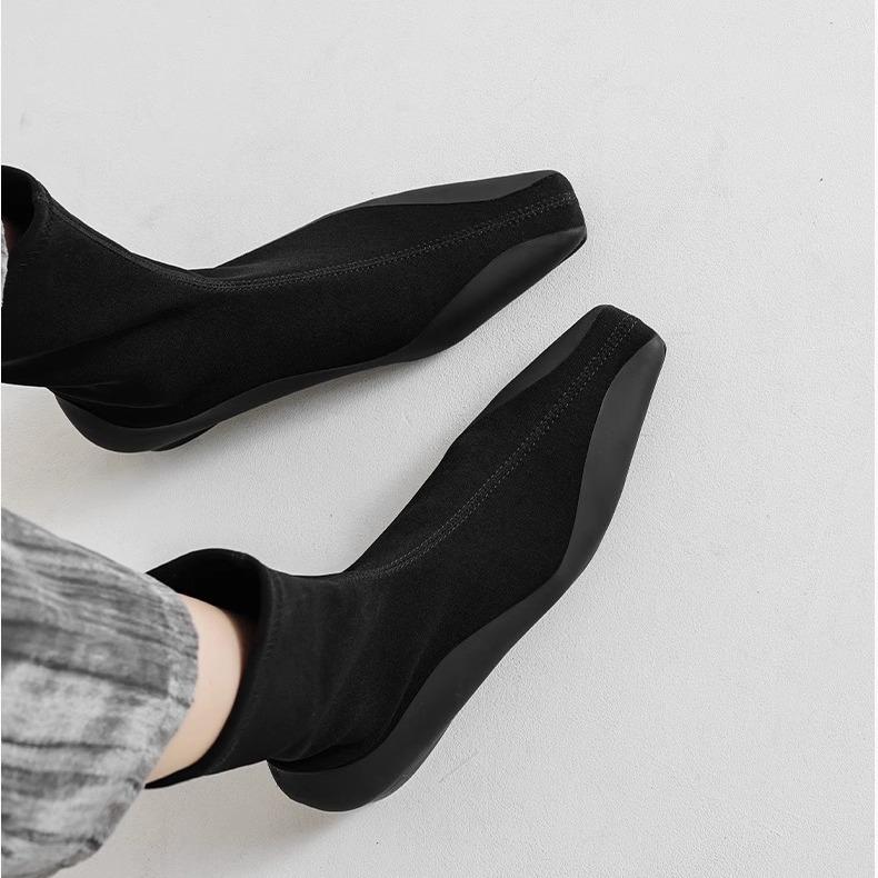Inner Height Increase and Thin Elastic Boots European and American Small Square Head Knitted Thin Boots Women's Flat Casual Versatile Black Socks Boot