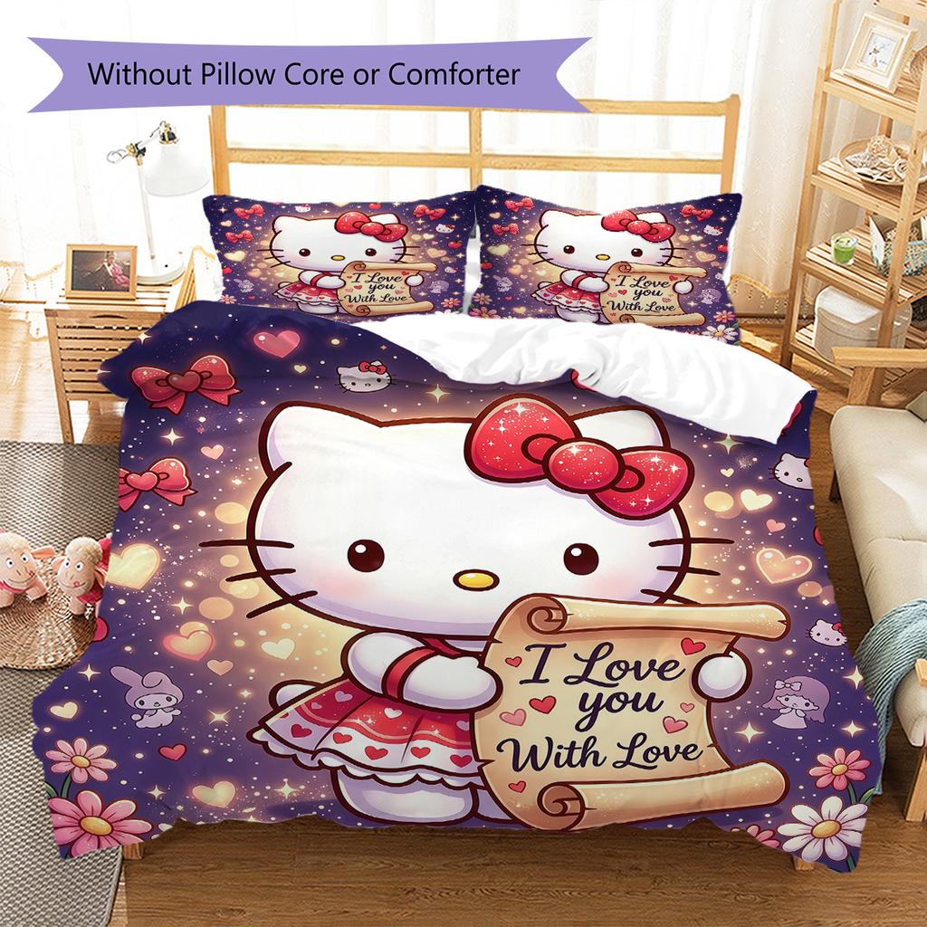 Hello Kitty Cute Pattern Bedding,Quilt Set Quilt Cover Pillowcase Home Birthday Gift(1 * Duvet Cover + 2 * Pillowcase, Without Core)