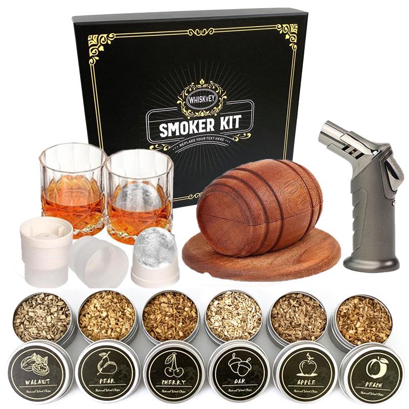 Wooden Whiskey & Wine Barrel Cocktail Smoker Set with Wood Chips