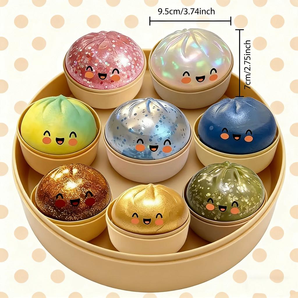 Shinny Glitter Dumpling Glitter Crystal Steamer Bun Squishy with Box Dumplings Sensory Squeeze Toy for Stress Relief
