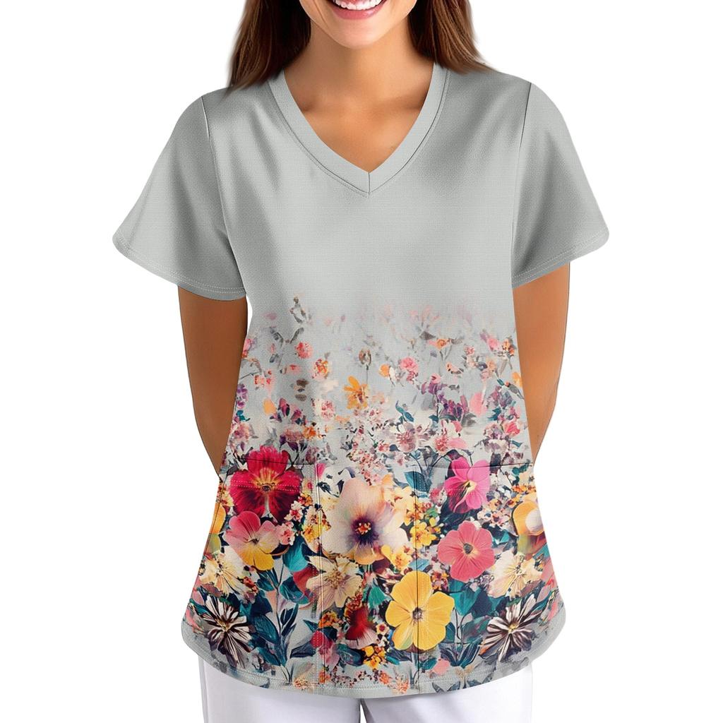 Women's Floral Print Loose Fit V Neck Short Sleeve Work Scrub Top with Pockets for Healthcare Professionals Nursing Uniform