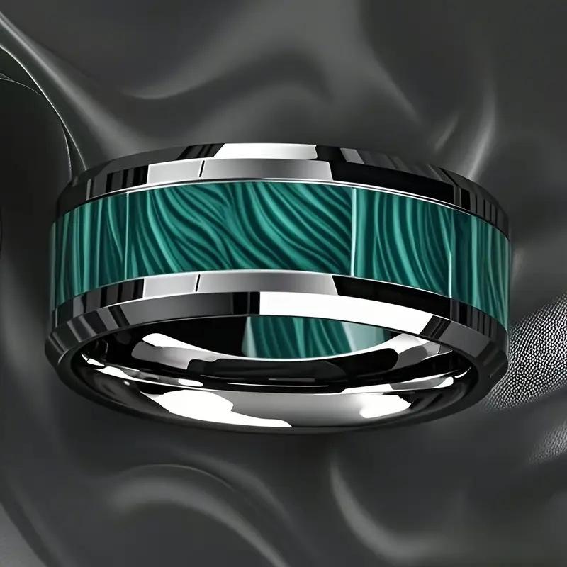 8mm Green Stripe Stainless Steel Men's Ring - European and American Style