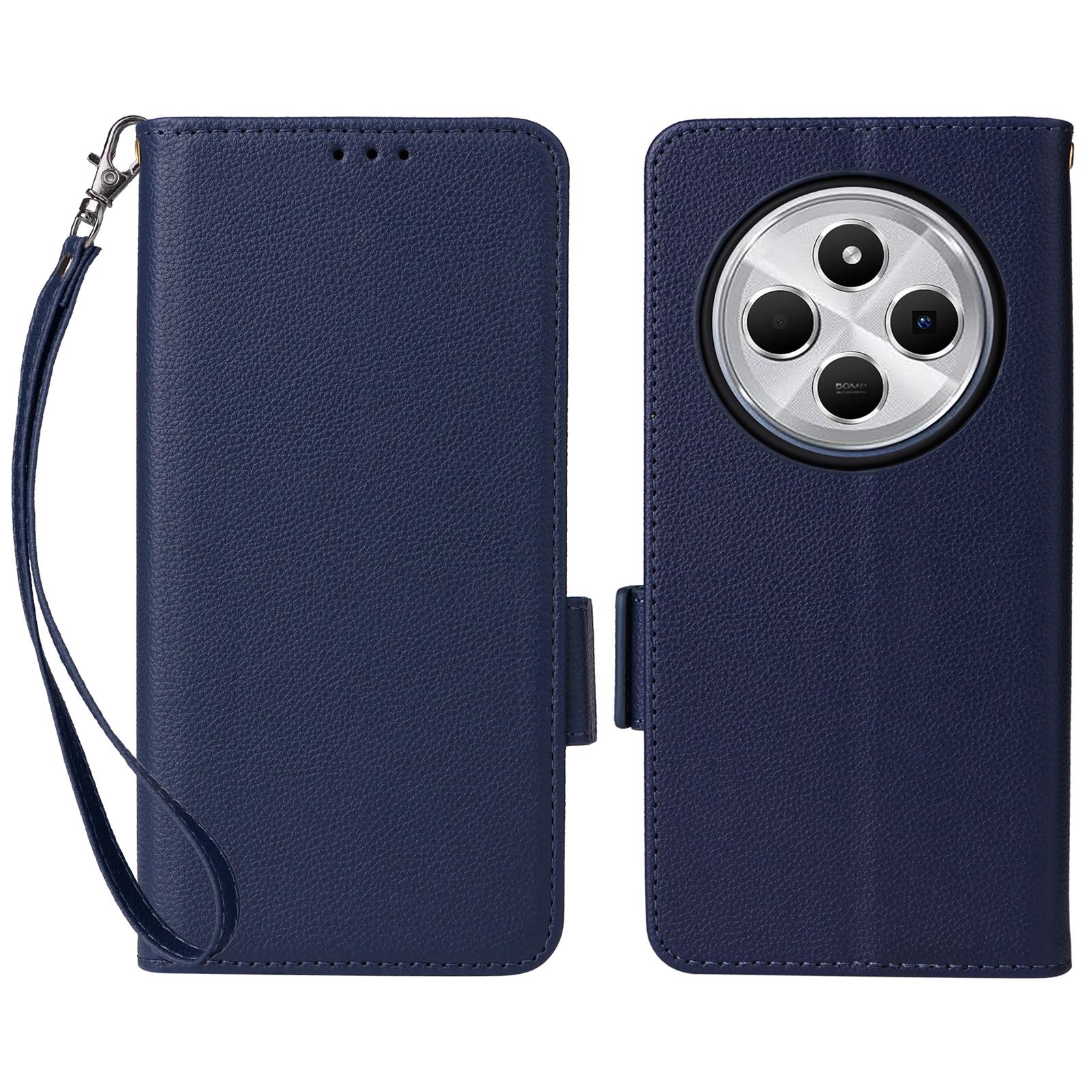 

For Xiaomi Poco C75 4G/Redmi 14R 5G/14C 4G/A4 5G Case with Wrist Strap Litchi Texture PU Leather Wallet Phone Cover Dark Blue