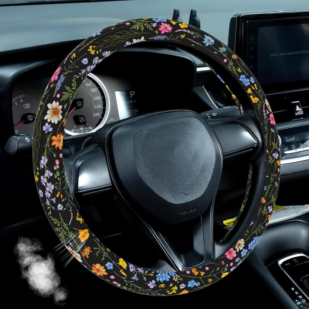 Wildflower Car Steering Wheel Cover, Flower Car Accessory For Diverse Cars, Cute Floral Print Steering Wheel Cover Protector For Women, For Steering