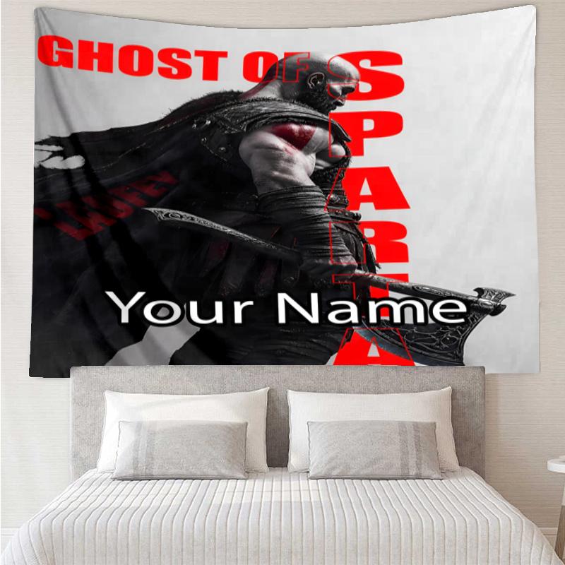 Custom Name God of War Print Tapestry, Backdrop, Easy Setup, Ideal for Bedroom, Office & Living Room, with Aesthetic Wall Hanging Decor.