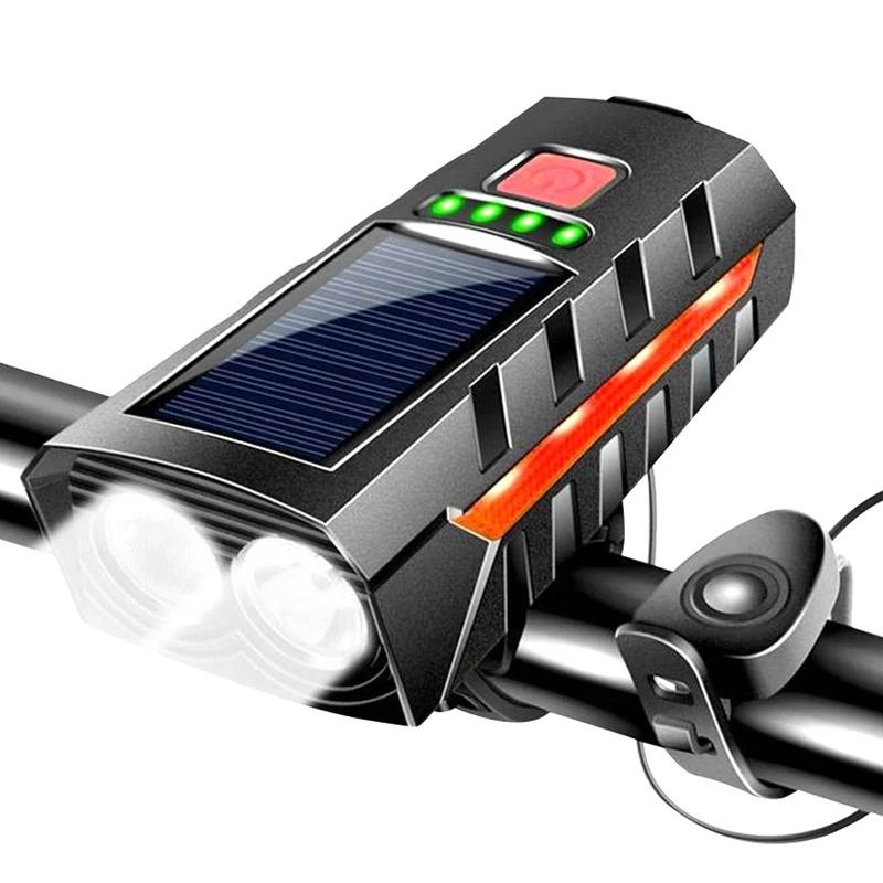 Solar Bicycle Light Bike Front Lamp With Horn Usb Rechargeable Power Display Waterproof Bike Flashlight Headlamp1Pc