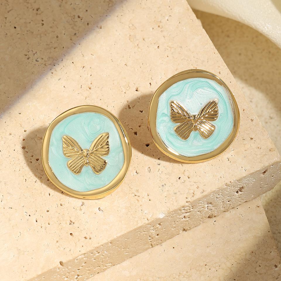 

Htpwe Серьги-пусеты из нержавеющей стали в форме капающей круглой бабочки Женские 18-каратное золото Пара Праздничный подарок Серьги Вечеринка Повседневный циркон зелёный