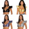 S-XXL Damen Glitzer Gothic Crop Top Neckholder Fledermausärmel Nietenbesatz Verstellbare Schnalle Korsett Bustier Schulterpanzer für Rave Club Party