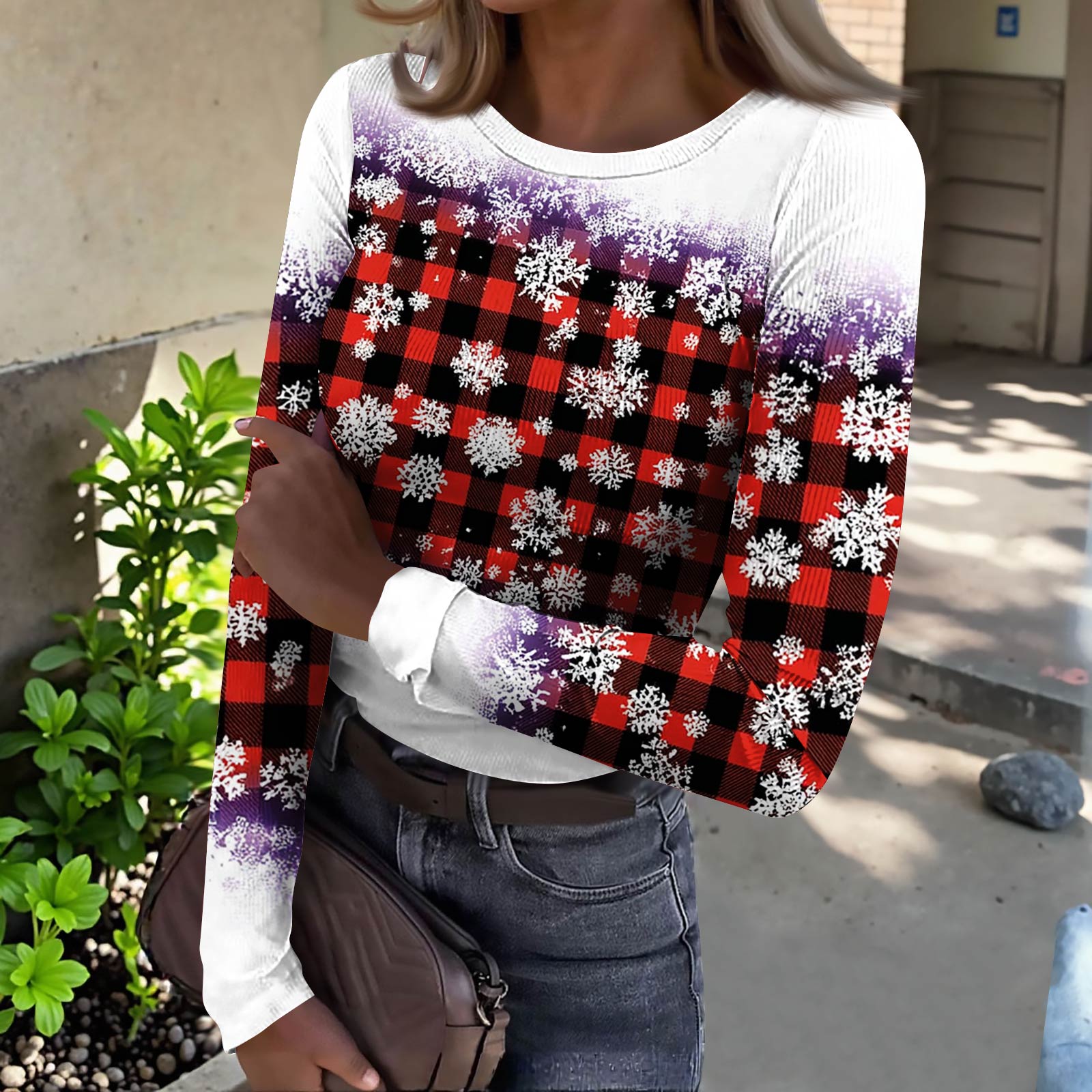 

Женская футболка с облегающим низом, модная повседневная с градиентным принтом, пуловер с круглым вырезом и длинными рукавами L