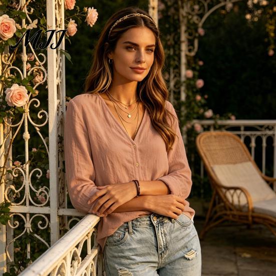 Early Autumn Women Shirt V-Neck Long Sleeves Shirt, Solid Color Button Front Cotton Casual Linen Blouse, Breathable Loose Fit Top for Daily