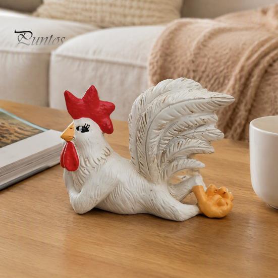 Shelf Decorations for Living Room White Rooster Statue with Enchanting Posture & Long Eyelashes, Creative Table Art Sculpture, Funny Resin Pastoral