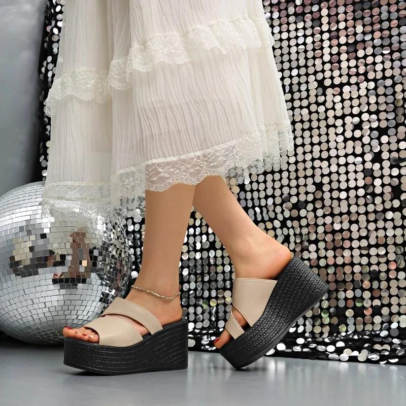 

Fashion 2025 New Silp-on Women s Slippers Open Toe Round Toe Non-Slip Wedge Women s Sandals Summer Fashion Comfortable Shoes Size 35-45 45 бежевый