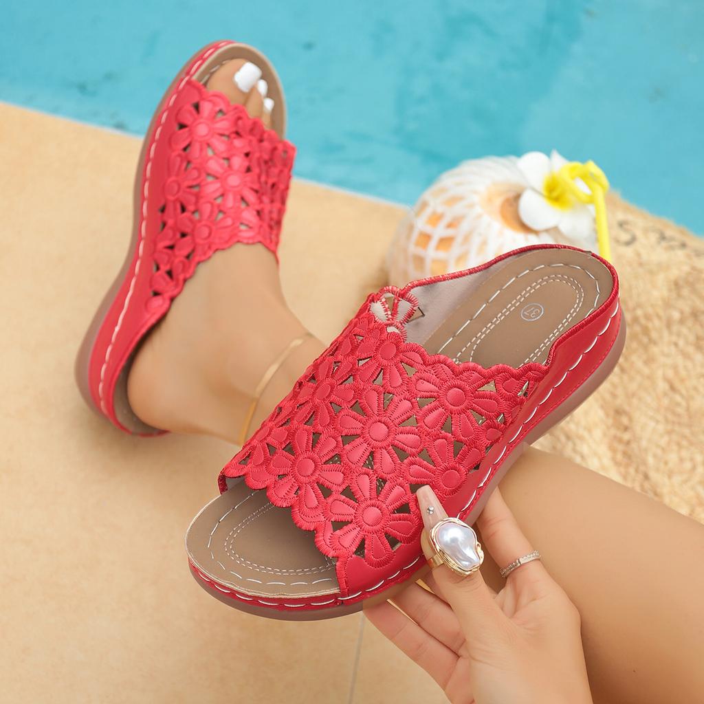 Large Size Sandals Summer New Simple European And American Flowers Hollow Middle Heel Women'S Wedge Heel Slippers