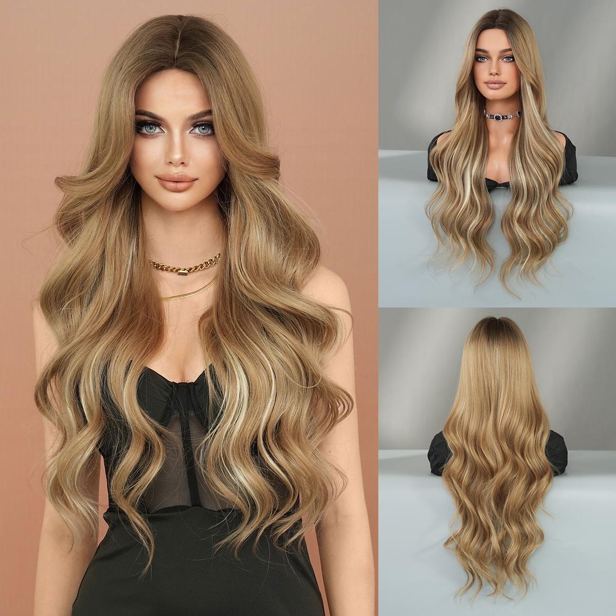

Women’s Long Middle Part Wavy Wig with Highlights Fashion Big Curly Synthetic Full Wig золотий