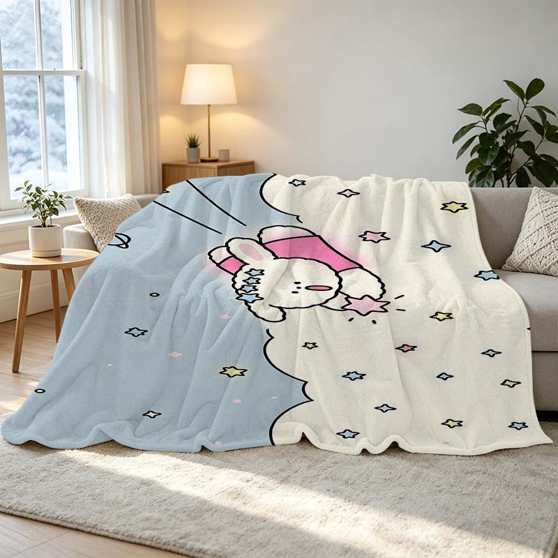 Thick Warm Flannel Blanket - Cartoon Bunny Pattern, Soft Cozy Throw for Home, Guest Room, Christmas & Halloween, Single Size