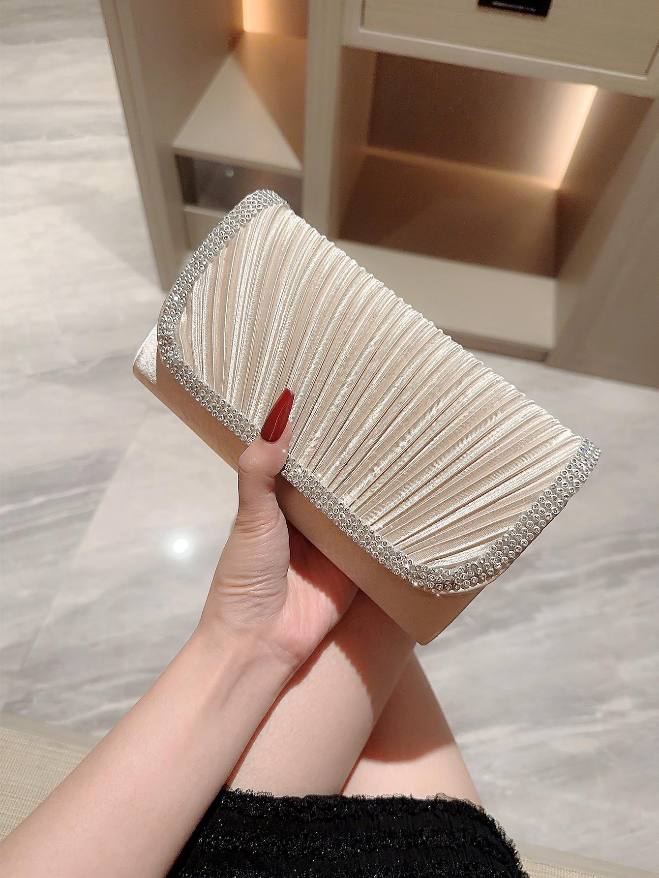 

Women s Pleated Satin Flap Evening Bag Sparkling Rhinestone Embellished Clutch Dress Bag Party Bag Prom Bag Wedding Bag Evening (20cm Max Length 30cm)