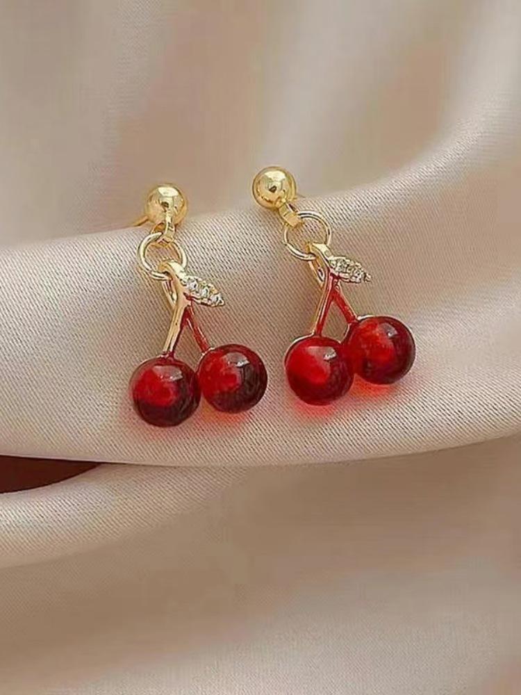 S925 Silver Red Cherry Ear Studs - High-End Hong Kong Retro Style Luxury Earrings for Women