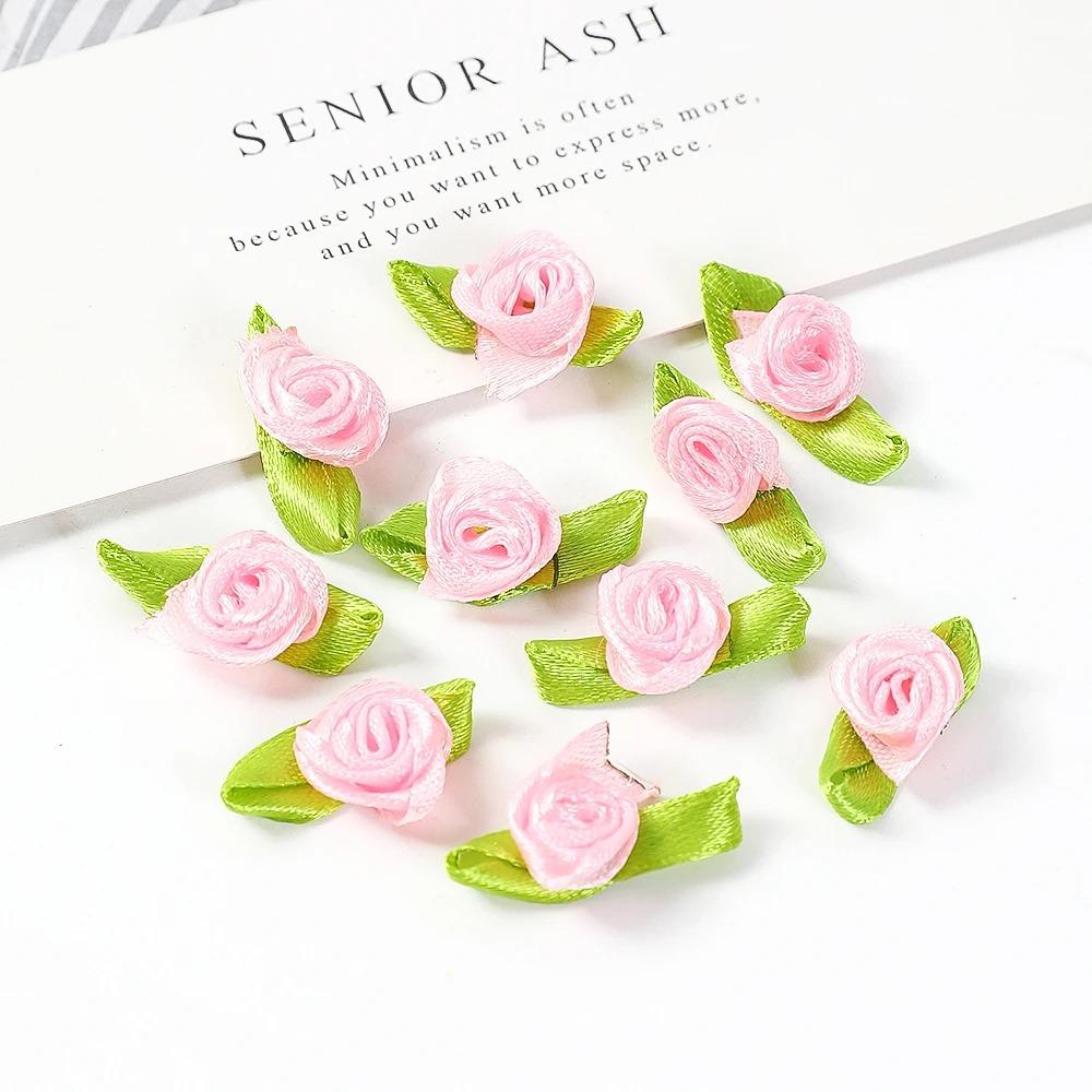 50/100PCS Mini Handmade Rose Flower Satin Ribbon Rosettes Fabric Appliques For DIY Wedding Decoration Craft Sewing Accessories