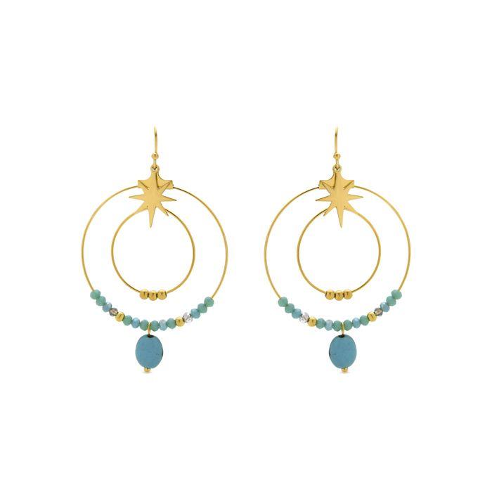 Boucles D'oreilles - LUXENTER - Tuba - Or Jaune 18K - Pierre Turquoise - Métal