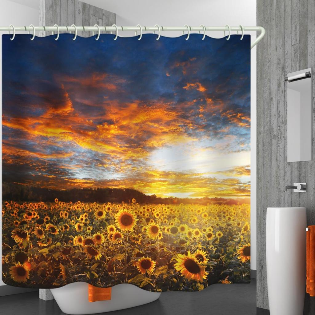 Bathroom is Equipped with A Sunset Sunflower 3D Shower Curtain, Deluxe Bathtub Standard Waterproof Shower Curtain, 12 White Hook