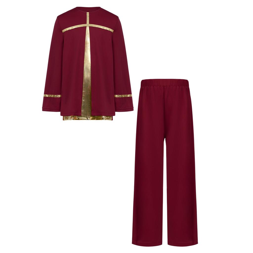 Kids Boys Church Performance Set: Long Sleeve Metallic Patchwork Top & Wide-Leg Pants with Elastic Waistband for Praise Dance