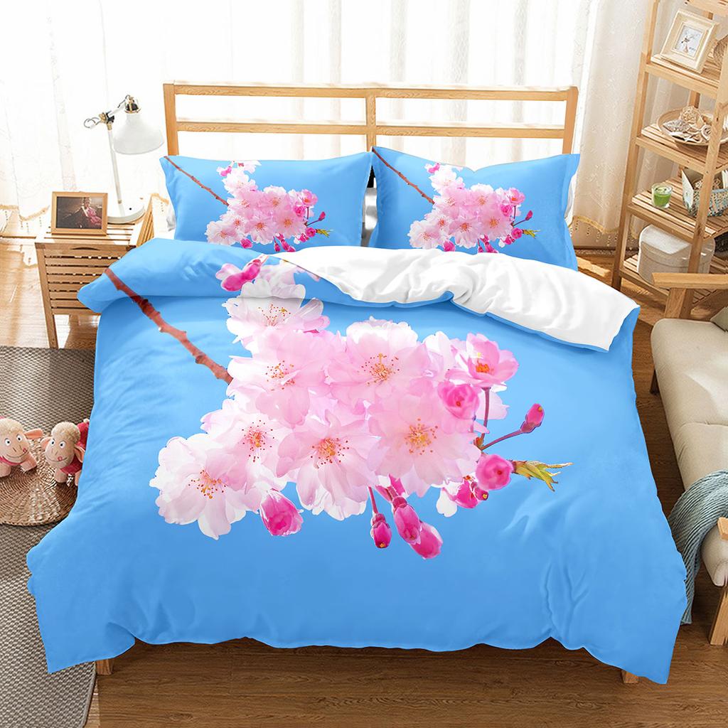 Kirschblüten-Bettbezug-Set, King-Queen-Größe, rosa Blumen-Polyester-Bettbezug für Kinder, Teenager, Erwachsene, Bettwäsche-Set